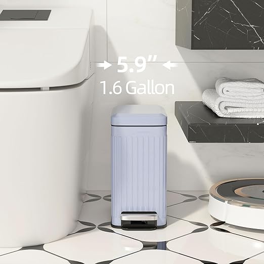 Slim Bathroom Trash Can with Lid Soft Close, 1.6 Gallon Stainless Steel Garbage Can with Removable Inner Bucket, Durable Step Pedal, Small Trash Bins for Toilet, Bedroom, Kitchen, Grey