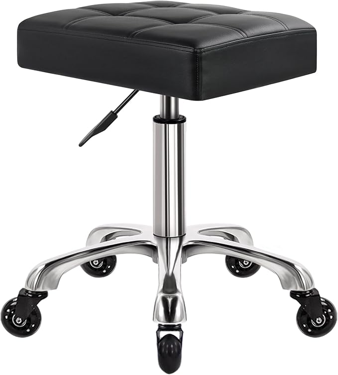 WKWKER Heavy Duty Rolling Stool with Wheels Hydraulic Swivel Adjustable Rolling Stool Ergonomic Thick Leather Rectangle Seat Chair for Kitchen Drafting Lab Office Salon Message Counter – Black