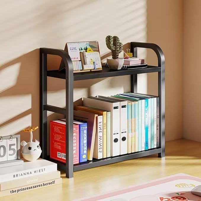 Hbluefat Desktop Organizer Shelf, 2-Tier Adjustable Desk Bookshelf, Tabletop Small Wood Bookcase, Multipurpose Display Storage Rack for Home Office (Black+Black)