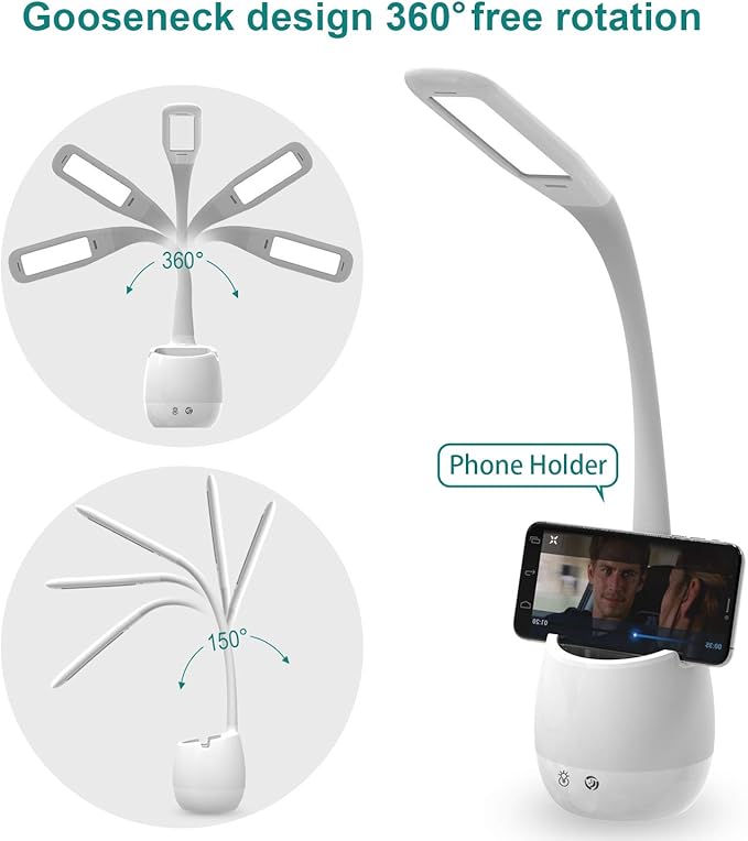 ERAY Rechargeable Desk Lamp with 3 Color Modes/8 Colors Night Light/Pen Holder, Kids LED Study Table Lamp for Home Office Dorm Reading Studying, Eye Caring, Ideal Gifts, Adapter Included