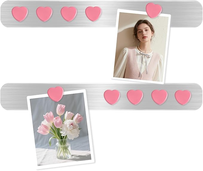 Magnetic Board Strips - 2Pcs Stainless Iron Magnetic Strips with Adhesive Backing & 10 Pink Heart Magnets, Frameless Small Bulletin Board for Wall, DIY Memo Board for Home Kitchen School Office