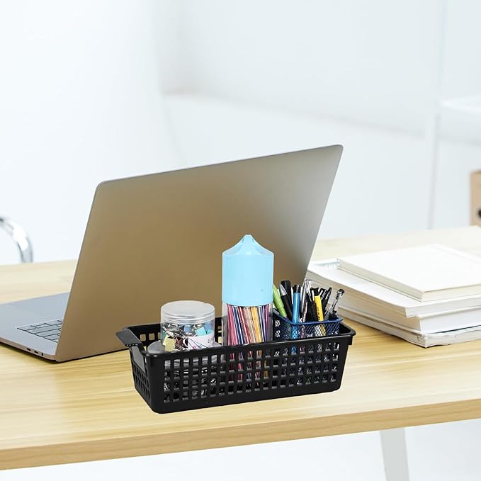 6 Pack Slim Plastic Storage Baskets, Small Desktop Storage Baskets, Black