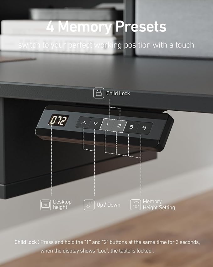 CubiCubi 48" x 24" Standing Desk with Drawers, Height Adjustable Electric Workstation, Computer Sit Stand Up Table with Large Storage Shelf 4 Drawers and 2 Hooks, Black
