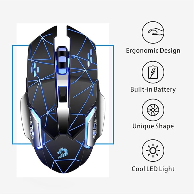 Uciefy Q85 Rechargeable Wireless Gaming Mouse, 2.4G LED Optical Silent Wireless Computer Mouse with 4 LED Light, 3 Adjustable DPI, Ergonomic Design, Auto Sleeping (Starry Black)
