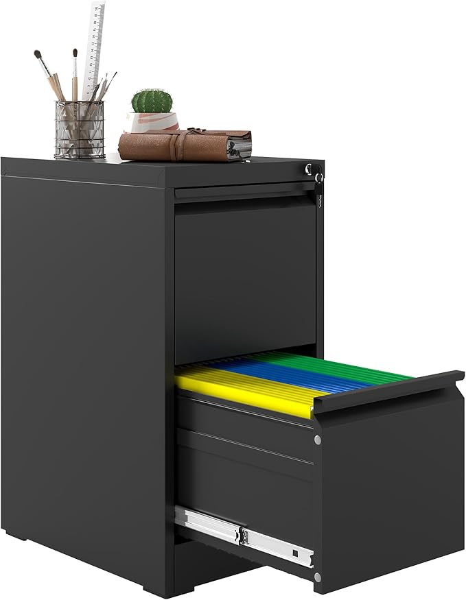 2 Drawer File Cabinet with Lock, Vertical Filing Cabinets for Home Office, Metal Storage Cabinets, Heavy Duty File Cabinet for Letter/Legal/A4/F4 Size Amsseble Required, Black