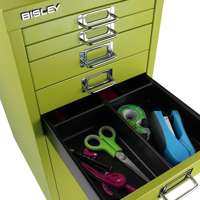 8-Drawer Steel MultiDrawer Cabinet - Bisley Green, Chrome Pull Handles with Label Holders, Powder-Coated Steel, Removable Drawers, Fits Under Most Desks, Labels Included by Bisley