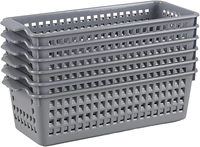 Ggbin 6 Packs Plastic Slim Storage Basket, Small Desktop Storage Basket Bins, Grey