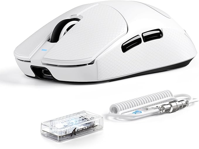 ATTACK SHARK X8 Ultimate Wireless Gaming Mouse,PAW3950MAX 42K DPI Sensor,Nordic 54L15 MCU,Wireless/Wired Dual 8K Polling,Optical Switch,59g Lightweight Tri-Mode Mice with Coiled Cable-White&Griptape