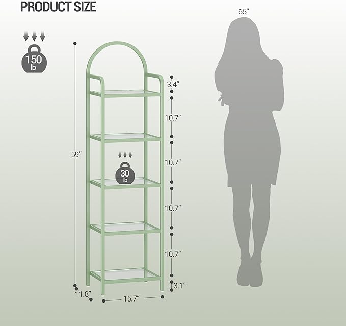 Hzuaneri Bookcase Bookshelf, Tempered Glass Bookshelves, Slim Shelving Unit for Bedroom, Bathroom, Home Office, Steel Frame, 5 Tier Green BC05099C