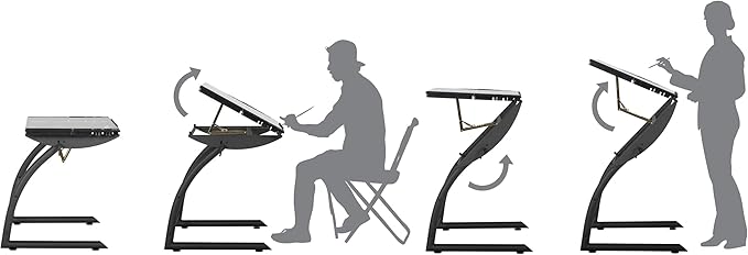 SD Studio Designs Triflex Drawing Table, Sit to Stand Up Adjustable Office Home Computer Desk, 35.25" W X 23.5" D, Charcoal Black/Clear Glass