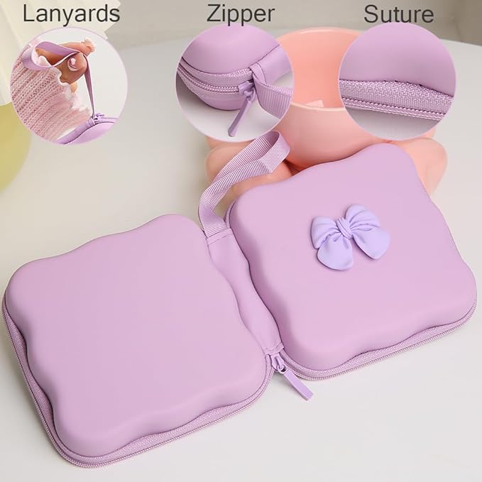 Charger Cover Storage Bag, Cute 3D Bow Tie Waves Design Charger Protector Travel Storage Case, Earphone Wire Saver Cable Cord Organizer Wireless Earphone Storage Box, Purple Bow