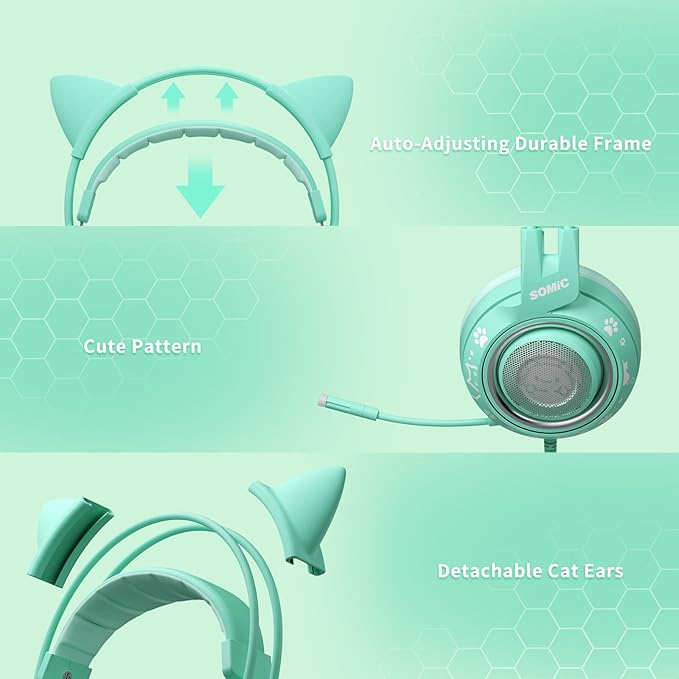 SOMIC G951S Green Gaming Headset with Microphone for PS4, PS5, Xbox One, PC, Cat Ear Headphones Over Ear with in-Line Mic Control, Stereo Sound for Girls, Woman