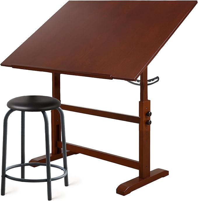 Falling in Art Wooden Drafting Table and Stool Set, Walnut 30" x 42" Adjustable Height and Angle Solid Wood Drawing Desk for Adults, Artist Craft Table for Painting Artwork, Reading, and Writing