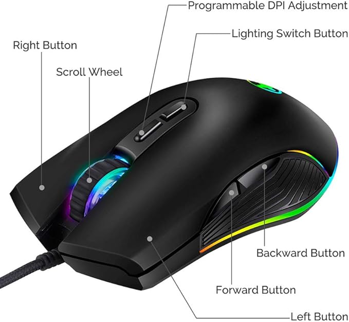 FIRSTMEMORY USB C Ergonomic Wired RGB Gaming Mouse - Optical with Adjustable DPI 800/1600/2400/3200 - Compatible with Notebook, PC, Laptop, MacBook and All Type-C Devices (Black)