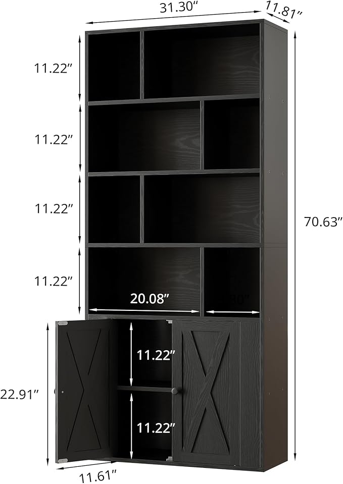 IRONCK Book Shelf, Tall Bookshelf with Storage, Bookshelves and Bookcases with Doors, 4-Tier Bookcase with 8 Open Cubes for Living Room, Office, Study, Black
