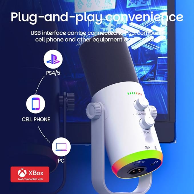 USB/XLR Desktop Dynamic Microphone with RGB Lighting, Noise Reduction, Mute Button & Headphone Jack - Podcast, Gaming, Streaming Mic for PC & Computer (White)
