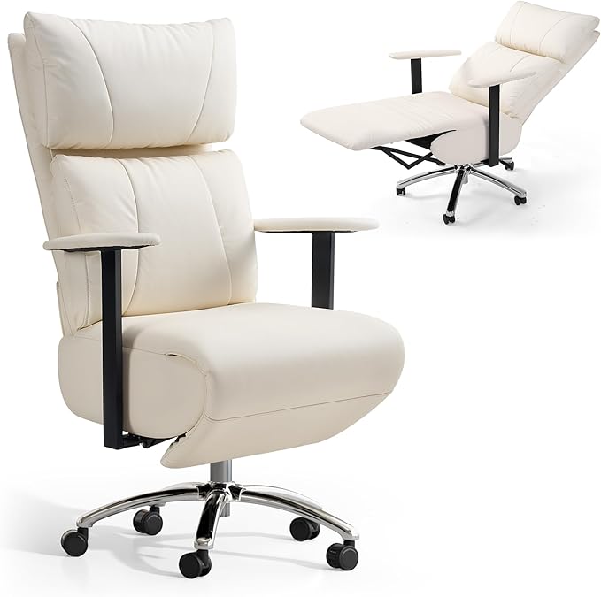 OKUP Reclining Office Chair with Adjustable Headrest and Footrest, 170° Comfortable Office Chair Zero Gravity, Leather Ergonomic Executive Home Office Desk Chair (Cream)