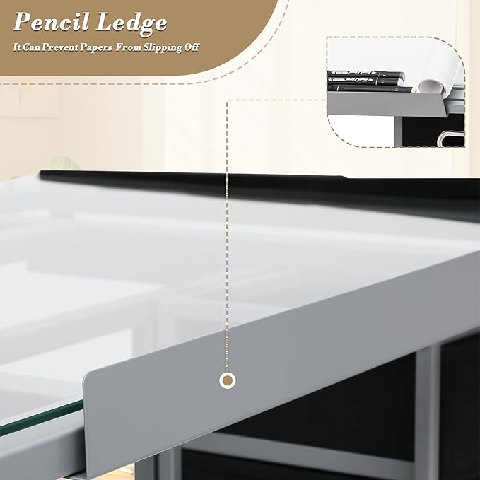 Athena Collection 41" Drafting Table Adjustable Angle Drawing Table Tempered Glass Art Desk Metal Frame Craft Desk for Artist with Fabric Drawers, Rolling Casters and Trays, Light Grey