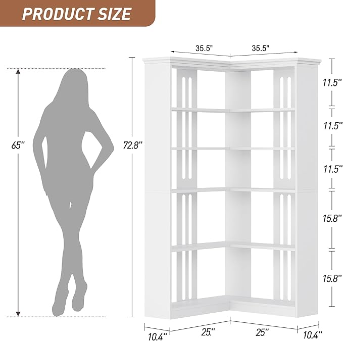 IDEALHOUSE Corner Bookshelf 72.8in Farmhouse Bookcase Large Bookshelves Wood Bookcase Tall 5 Tier Corner Shelf L Shaped Bookshelf Storage Display Rack Living Room Bedroom (White, Half Panel)