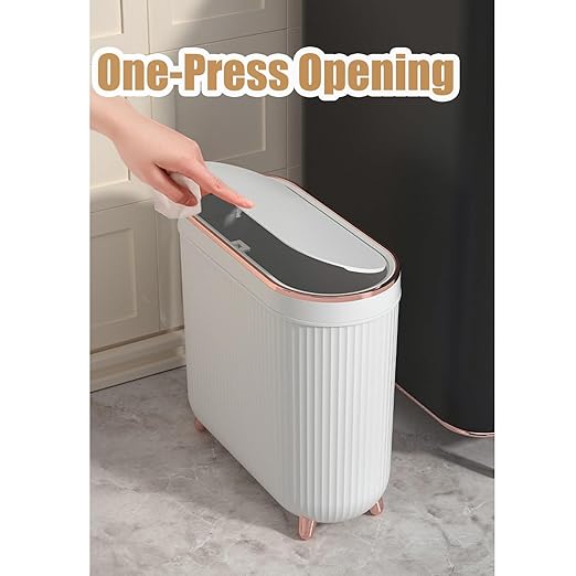 Yatmung Small Bathroom Trash Can with Lid - Slim Decorative Garbage Can - Press-Top Trash Bin for Bedroom, Home Office, Narrow Space, Plastic - 12 Liter Waste Paper Basket - White with Rose Gold Legs