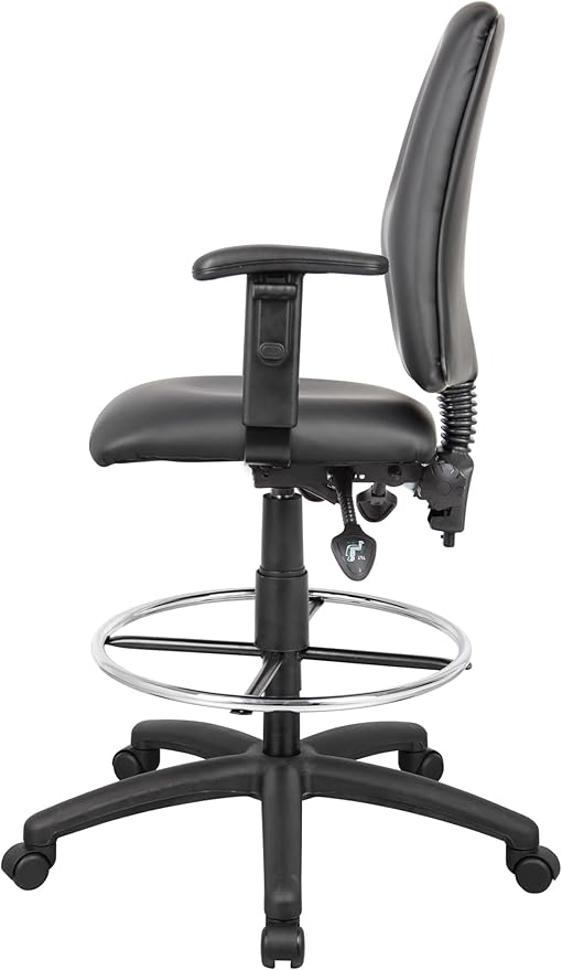 Pemberly Row Multi-Function Leather Drafting Stool, Adjustable Arms, Black Upholstery, Chrome Footring, Hooded Casters, 48" H x 27" W x 35.5" D, Ergonomic Office Chair for Workspace or Studio Use