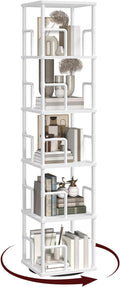 MAHANCRIS 5-Tier Rotating Bookshelf, Freestanding Corner Bookshelf, 360° Spinning Bookcase, Industrial Style Storage Rack with Rails, for Living Room, Bedroom, Study, White BKWT1601