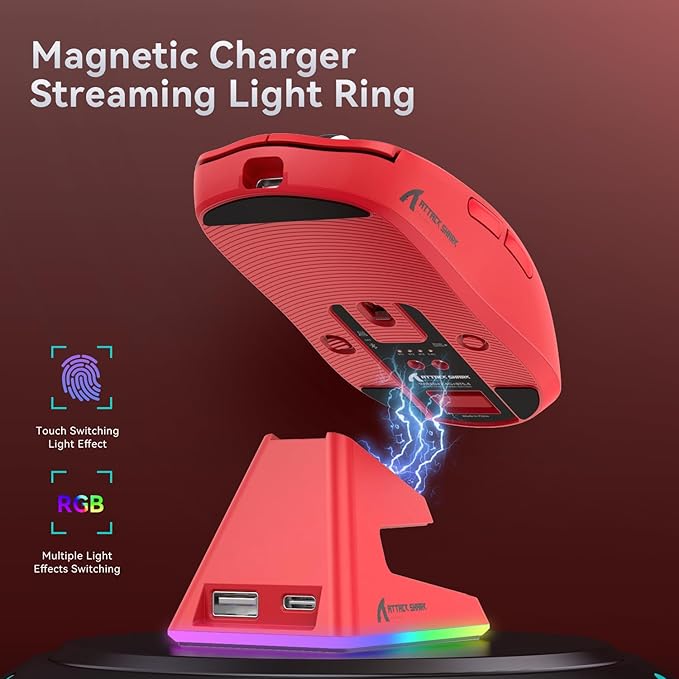 ATTACK SHARK X6 Lightweight Wireless Gaming Mouse with RGB Backlight Charging Base,Tri-Mode Wired/2.4GHz/BT5.2,26K DPI, PAW3395 Optical Sensor,HUANO Switch,5programmable Buttons,PC/Mac(Red)