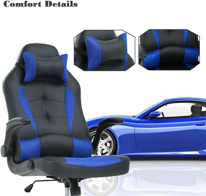 Gaming Chair Office Chair Desk Chair with Lumbar Support Flip Up Arms Headrest PU Leather Swivel Rolling Adjustable High Back Racing Computer Chair for Women Men Adults,Blue