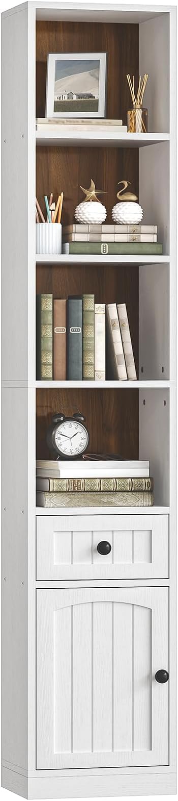 HOOBRO 70.9" Inch Tall Bookcase, Tall Narrow Bookshelf with Storage Cabinet and Adjustable Shelf, Space Saving Storage Shelf Bookcase for Office, Living Room, Bedroom, White and Walnut WH42SJ01