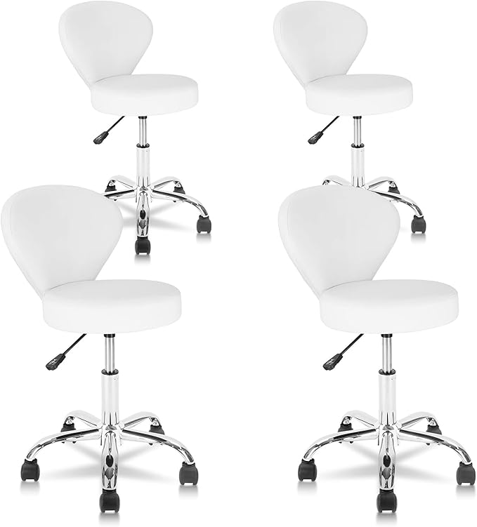 KLASIKA Leather Rolling Salon Stool with Back Support and Wheels Adjustable Height Swivel Spa Stools for Office Massage Facial Medical Drafting Tattoo Beauty Barber Lab Doctor Tattoo, White, 4 Pack