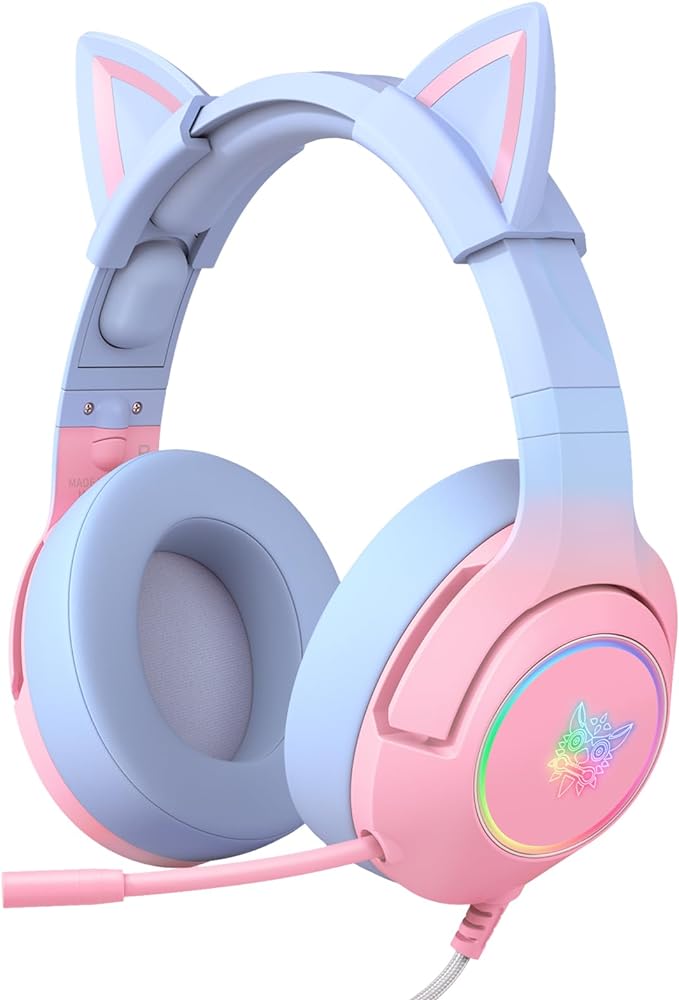 PHNIXGAM Gaming Headset for PS4, PS5, Cat Ear Headphones with Retractable Microphone, RGB Backlight, Surround Sound for PC, Mobile Phone, Gradient Pink Blue