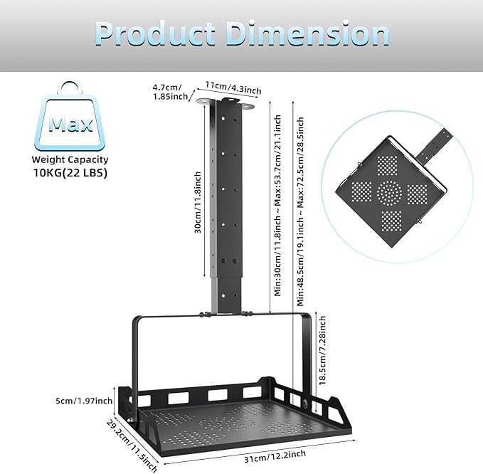 Salange 3-in-1 Projector Mount, Adjustable Height Ceiling/Wall Mount with Tray, Heavy-Duty Stand w Cable Management, Holds Up to 22 lbs, Ideal for Home Theater and Office (Black)