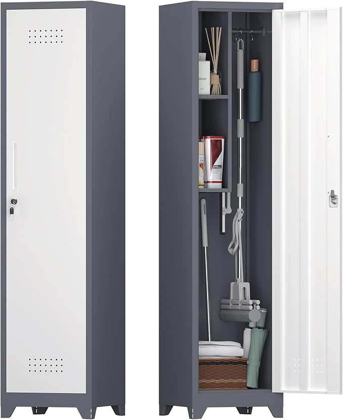 IRONFFICE Metal Storage Cabinet with Lock,65" H Laundry Room Cabinets with Pegboard,Locking Metal Cabinet Heavy Duty for Garage Office,School,Warehouse,Grey-White