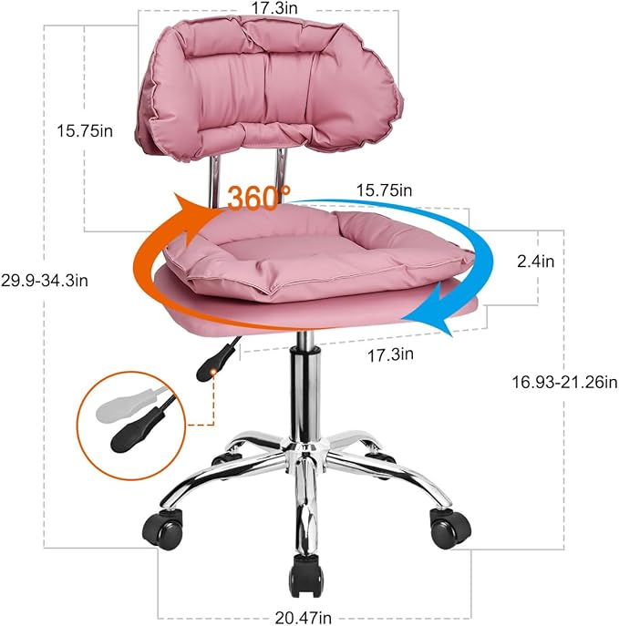 JOSTZHXIN Rolling Stool with Backrest, Home Office Rolling Stool Chair, Thickened Seat Cushion, Adjustable Height Swivel Chair for Nail Shop Salon Spa Massage Tattoo,Pink