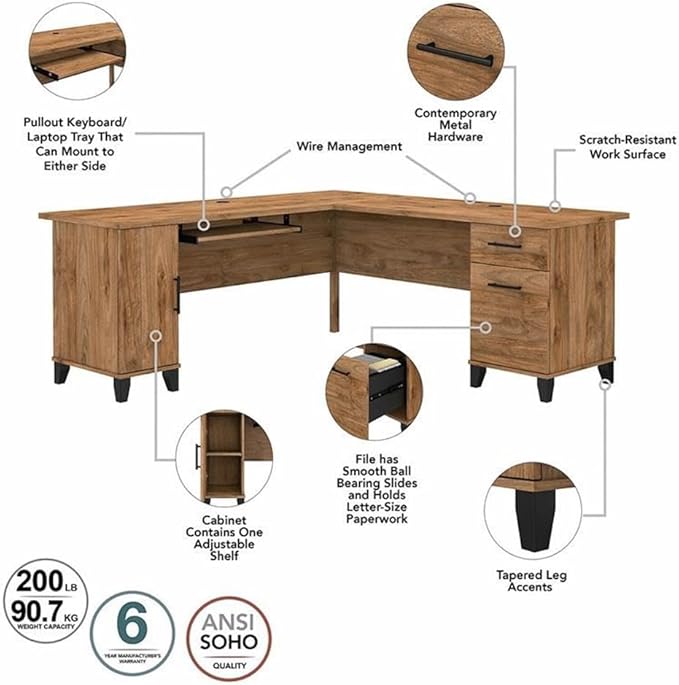 Pemberly Row 72W L Shaped Desk with Hutch, Storage, Lateral File Cabinet, and 5 Shelf Bookcase, Fresh Walnut Finish, Engineered Wood Home Office Furniture Set, Transitional Style