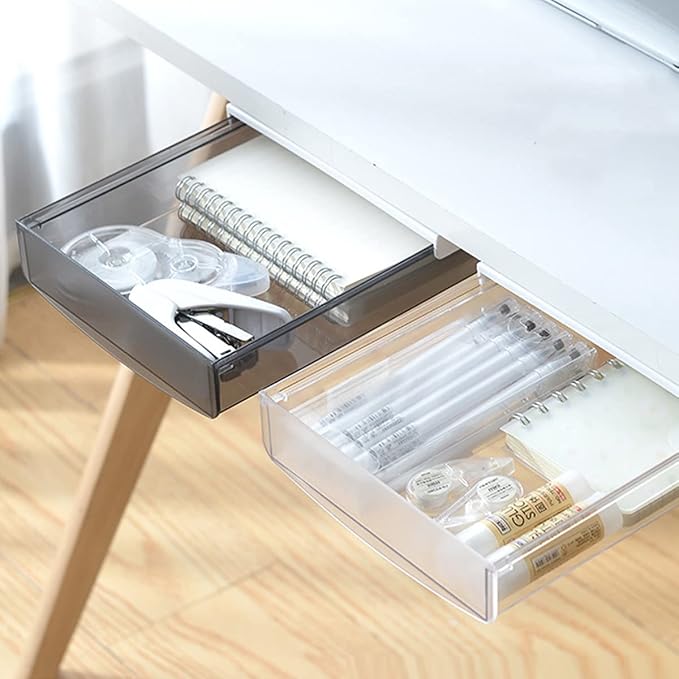 Self-adhesive Under Desk Drawer, 2 Packs Table Hidden Organizer Slide Out Large Storage Desktop Pencil Tray for Office Home School Kitchen (Large, White)