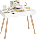 FOTOSOK White Computer Writing Desk with 2 Drawers, Small Desk Makeup Vanity Table Wood Desk with 4 Oak Legs, Modern Home Office Desk Console Study Table