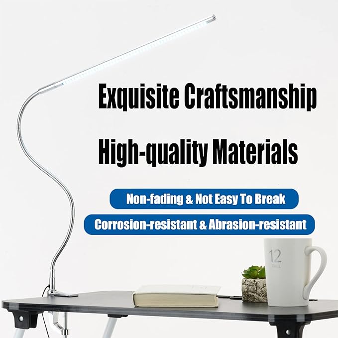 Brokimis Desk Light with Clamp, USB LED 8W Clip Nail Desk Lamp Eye Care Flexible Gooseneck 360° Clamp Light for Manicure Reading Eyebrow Office Tattoo