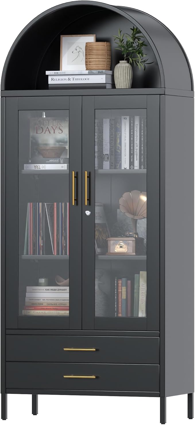 VEXPOR 73 in Tall Metal Arched Cabinet, Kitchen Pantry Cabinet with Glass Doors, Modern Farmhouse Arched Bookcase with 2 Drawers and 2 Adjustable Shelves for Living Room, Black, Assembly Required