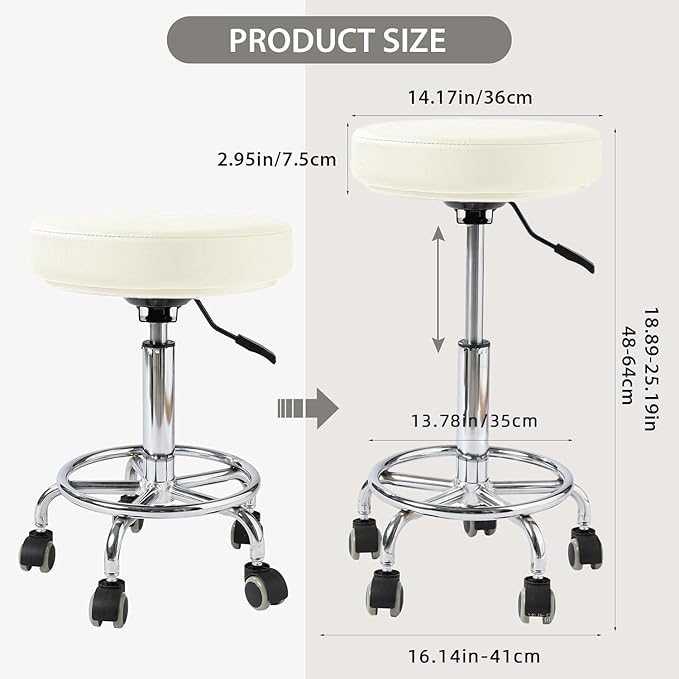 Adjustable Rolling Stool with Wheels Heavy Duty 500lb Round RollingStool with Footrest, Patent Leather Drafting Stool Chair with Wheels Work Spa Salon Seat,White