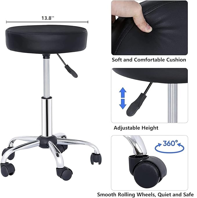ZENY Adjustable Round Rolling Stool with Wheels, Drafting Stool Chair for Salon Spa Tattoo Home Office Medical Massage Work