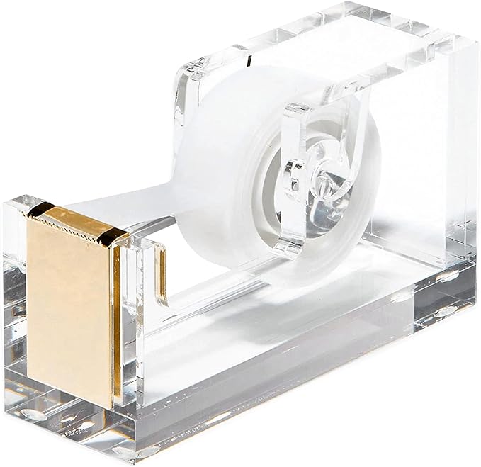 OfficeGoods Acrylic Tape Dispenser – Modern Desk Organizer for Office Supplies, Heavy Duty Refillable Tape Holder for Home and School Crafting, Stylish Desktop Accessory for Gift Wrapping, Gold