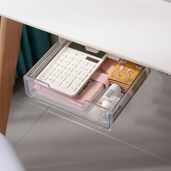 Under Desk Storage Drawer Self-Adhesive Easy Hidden Desktop Organizer, Attachable Clear Acrylic Storage Tray Under Table Drawer for Home Office School Counters Workstation