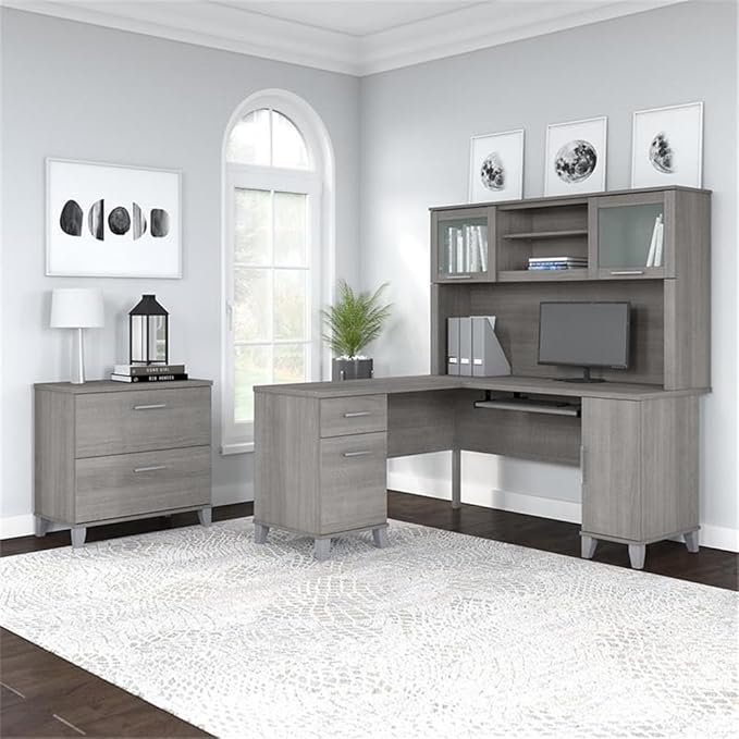 Pemberly Row Engineered Wood 60W L Shaped Desk with Hutch & File Cabinet, Gray Finish, Home Office Furniture Set with Storage, Frosted Glass Doors, Ball Bearing Slides for Letter & Legal Files