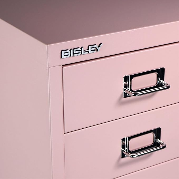 Bisley 6-Drawer Steel MultiDrawer Cabinet - Palest Pink, Chrome Pull Handles with Label Holders, Powder-Coated Steel, Removable Drawers, Fits Under Most Desks, Labels Included
