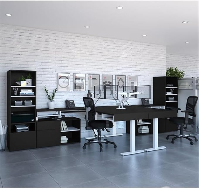 Pemberly Row 72" L-Shaped Standing Desk Set with Storage, Black Finish, Electric Adjustable Height Desk, Shelving Units, Credenzas, Dual Monitor Arms, Home Office Furniture