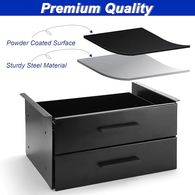 Menkxi 16 inch Under Desk Drawer Storage Pull out Storage Organizer Mounted Metal Sliding Hidden Under Counter Drawer Vertically Stacked for Office Sit Stand Workstation (2 Layer)