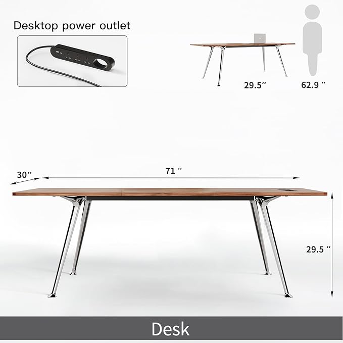 71-Inch Executive Desk, Computer Office Desk Workstation with Chrome-Plated Legs and Built-in Power Outlet, Writing Table Business Furniture, Modern Minimalist Style for Home Office, Walnut Brown
