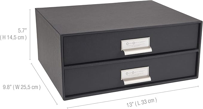 Bigso Box of Sweden Birger 2-Drawer Fiberboard Label Frame Document Letter Box | Desktop Drawers for Loose Papers, Documents & More with Metal Label Holder | 13.1" x 10" x 5.7" | White