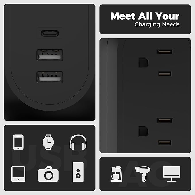 TESSAN Tower Power Strip Flat Plug with 11 Outlets 3 USB (1 USB C), Surge Protector Tower 1625W/13A,1050J Protection, 6 Feet Extension Cord with Multiple Outlets, Dorm, Office Desk Supplies, Black